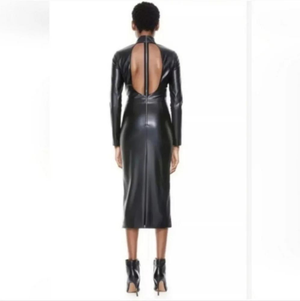 ALICE + OLIVIA DELORA VEGAN LEATHER MOCKNECK MIDI DRESS SIZE 4 - Picture 5 of 15